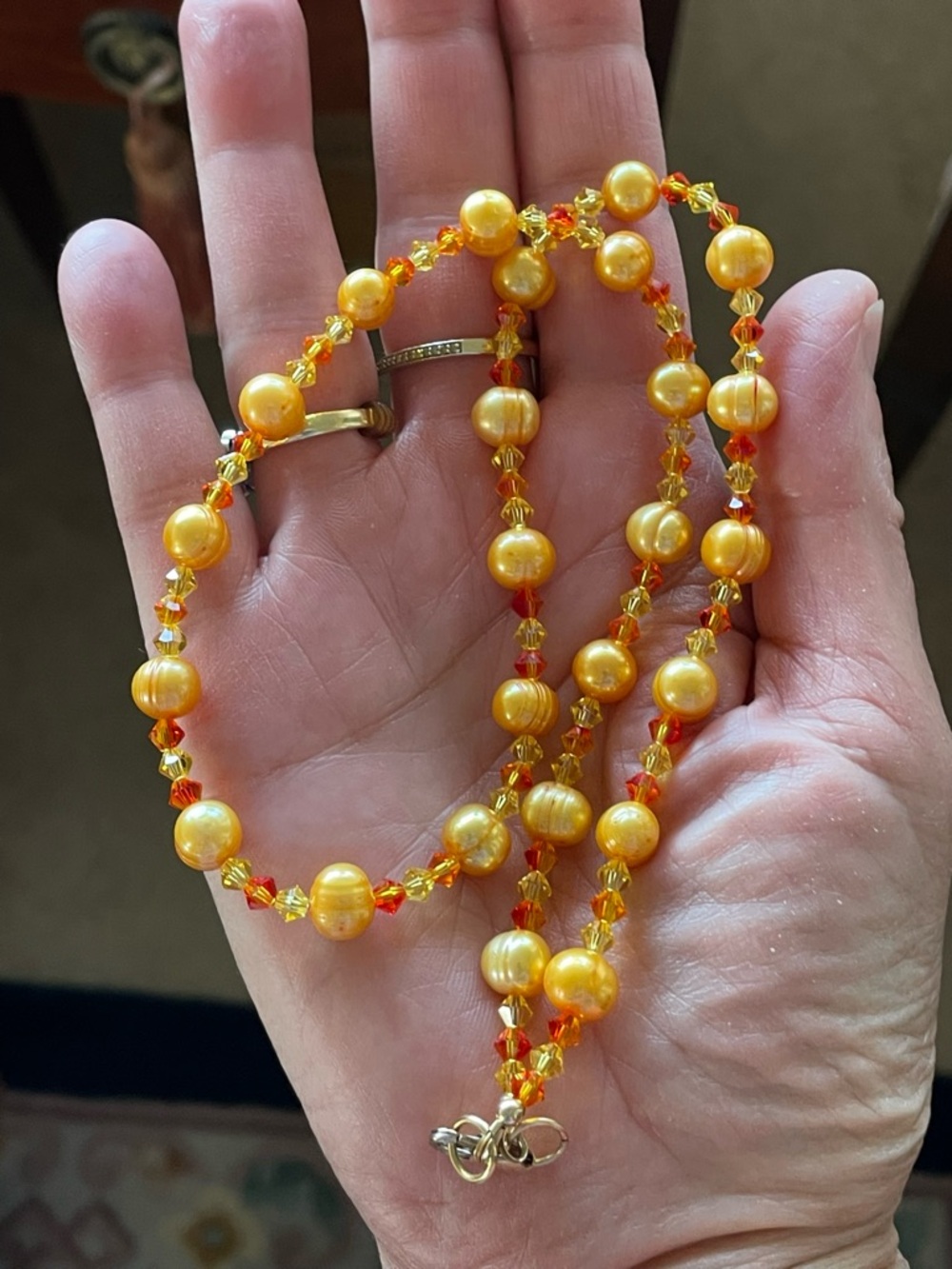 Vintage Yellow dyed freshwater Pearl & orange & yellow crystal Beaded Necklace